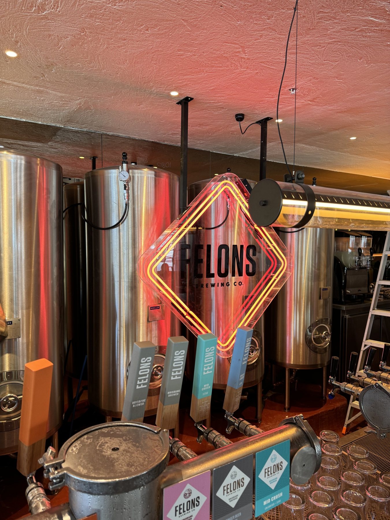 Cellar room with kegs and signage